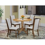 5Pc Dining Set, Round Dinette Table, 4 Chairs, Grey Chairs Seat, Rubber Wood Legs, Natural