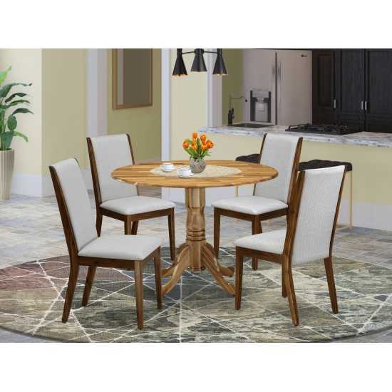 5Pc Dining Set, Round Dinette Table, 4 Chairs, Grey Chairs Seat, Rubber Wood Legs, Natural