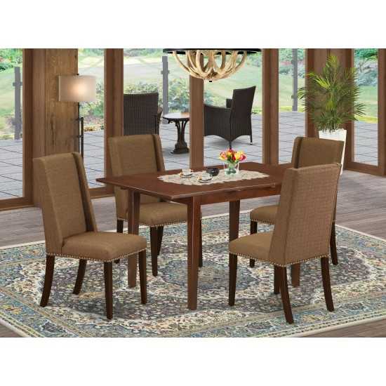 5Pc Small Dining Set- 4 Parson Chairs, Butterfly Leaf Table Solid Wood Structure -High Back, Mahogany Finish