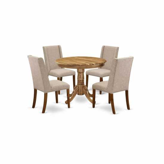 5Pc Dining Set Included A Round Dinner Table & 4 Chairs, Clay Parson Chairs Seat, Rubber Wood Legs, Natural Finish