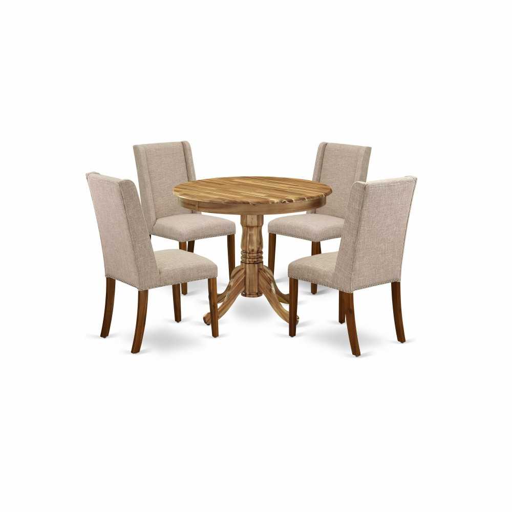 5Pc Dining Set Included A Round Dinner Table & 4 Chairs, Clay Parson Chairs Seat, Rubber Wood Legs, Natural Finish 5Pc Dining Set Included A Round Dinner Table & 4 Chairs, Clay Parson Chairs Seat, Rubber Wood Legs, Natural Finish