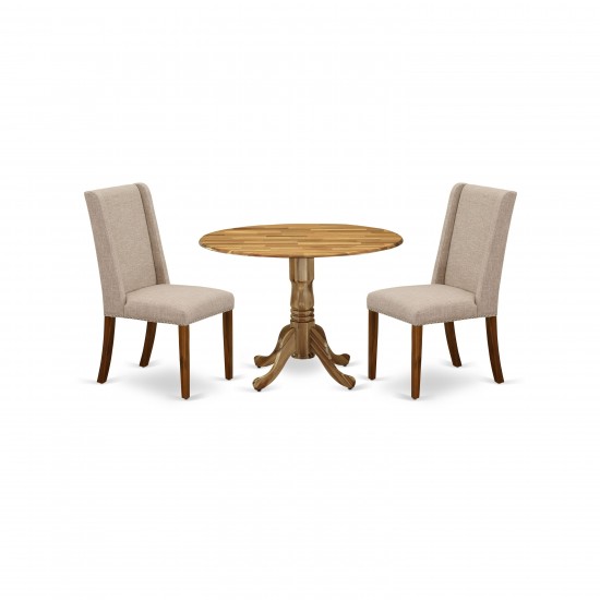 3Pc Dining Set, Round Kitchen Table, 2 Chairs, Clay Parson Chairs Seat, Rubber Wood Legs, Natural