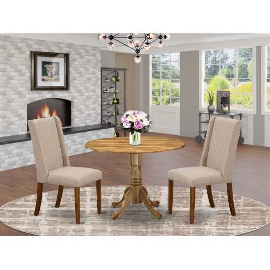 3Pc Dining Set, Round Kitchen Table, 2 Chairs, Clay Parson Chairs Seat, Rubber Wood Legs, Natural