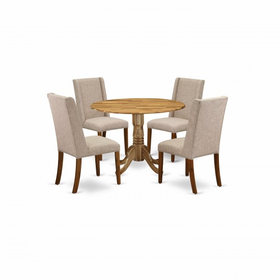 5Pc Dining Set, Round Table, 4 Chairs, Clay Chairs Seat, Rubber Wood Legs, Natural