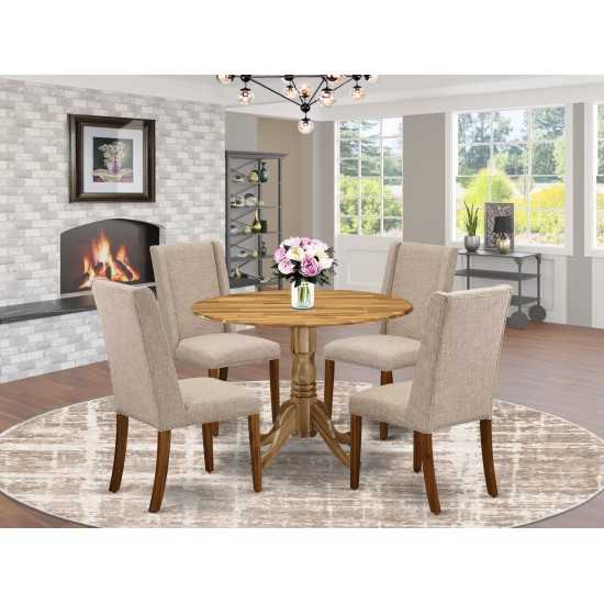 5Pc Dining Set, Round Table, 4 Chairs, Clay Chairs Seat, Rubber Wood Legs, Natural