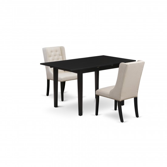 3Pc Kitchen Set, 1 Butterfly Leaf Rectangular Dining Table, 2 Cream Upholstered Dining Chairs, Back, Black Finish