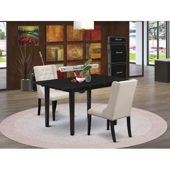 3Pc Kitchen Set, 1 Butterfly Leaf Rectangular Dining Table, 2 Cream Upholstered Dining Chairs, Back, Black Finish