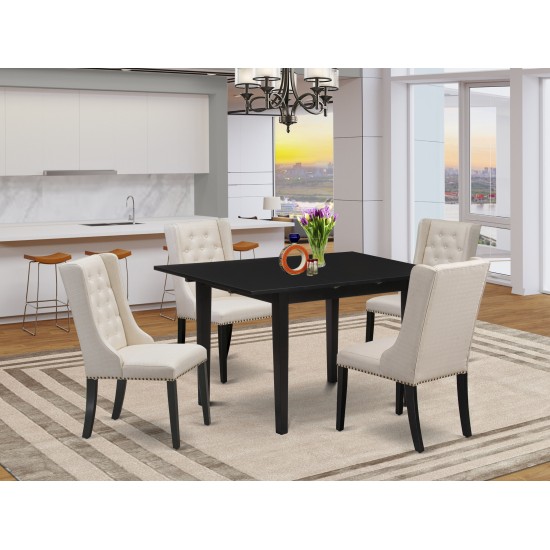 5-Pc Dinette Set, 1 Butterfly Leaf Dining Table, 4 Cream Dining Chair, Button Tufted Back, Black Finish