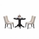 3-Pc Dinette Set, 1 Pedestal Dining Table, 2 Cream Dining Padded Chairs, Button Tufted Back, Black Finish