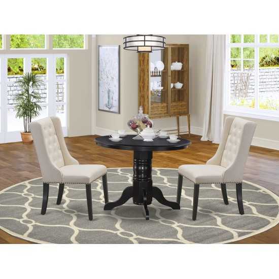 3-Pc Dinette Set, 1 Pedestal Dining Table, 2 Cream Dining Padded Chairs, Button Tufted Back, Black Finish