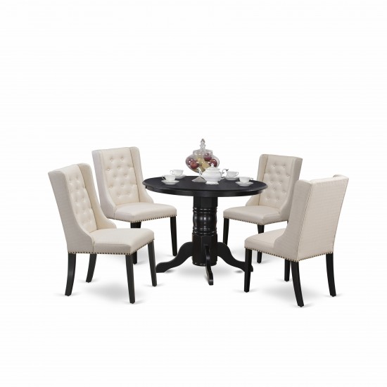 5Pc Dinette Set, 1 Pedestal Dining Table, 4 Cream Upholstered Dining Chairs, Button Tufted Back, Black Finish