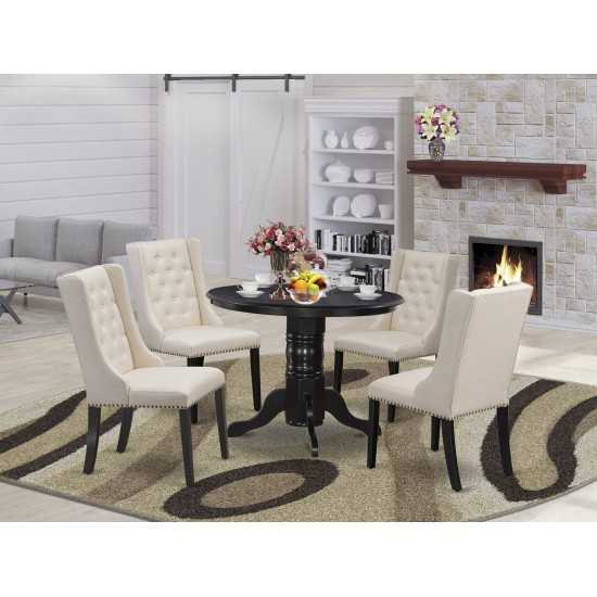 5Pc Dinette Set, 1 Pedestal Dining Table, 4 Cream Upholstered Dining Chairs, Button Tufted Back, Black Finish