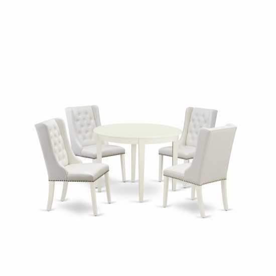 5Pc Kitchen Dining Set, 1 Table, 4 Light Grey Padded Parson Chair, Button Tufted Back, Linen White Finish