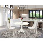 3Pc Kitchen Set, 1 Pedestal Kitchen Table, 2 Light Grey Parson Chairs, Button Tufted Back, Linen White Finish