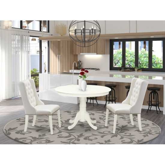 3Pc Kitchen Set, 1 Pedestal Kitchen Table, 2 Light Grey Parson Chairs, Button Tufted Back, Linen White Finish