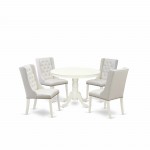 5Pc Dinette Set, 1 Pedestal Dining Table, 4 Light Grey Kitchen Chairs, Back, Linen White Finish