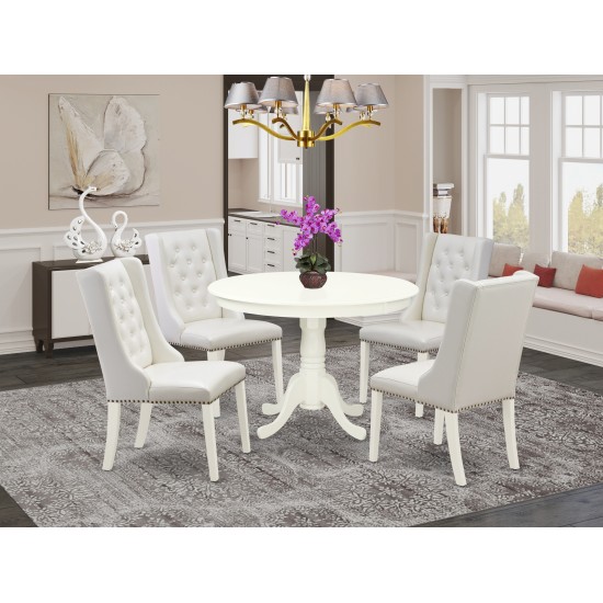 5Pc Dinette Set, 1 Pedestal Dining Table, 4 Light Grey Kitchen Chairs, Back, Linen White Finish