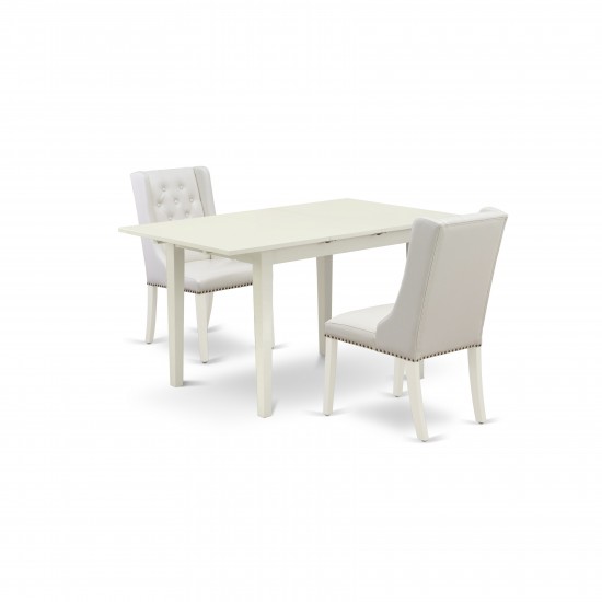 3-Pc Kitchen Dining Set, 1 Butterfly Leaf Rectangular Table, 2 Light Grey Parson Chair, Back, Linen White Finish