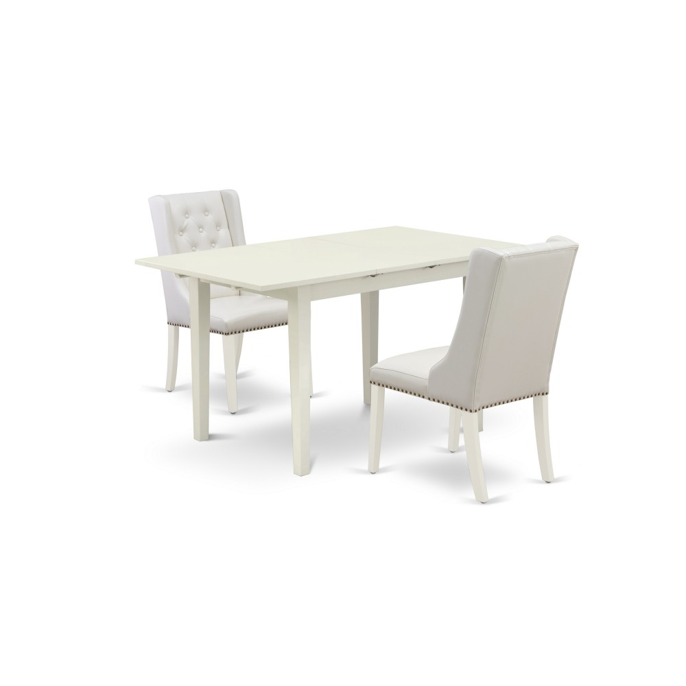 3-Pc Kitchen Dining Set, 1 Butterfly Leaf Rectangular Table, 2 Light Grey Parson Chair, Back, Linen White Finish