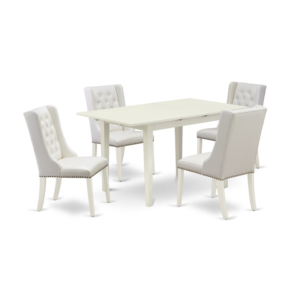 5Pc Dinette Set, 1 Butterfly Leaf Dining Table, 4 Light Grey Parson Chairs, Button Tufted Back, Linen White Finish