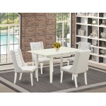 5Pc Dinette Set, 1 Butterfly Leaf Dining Table, 4 Light Grey Parson Chairs, Button Tufted Back, Linen White Finish