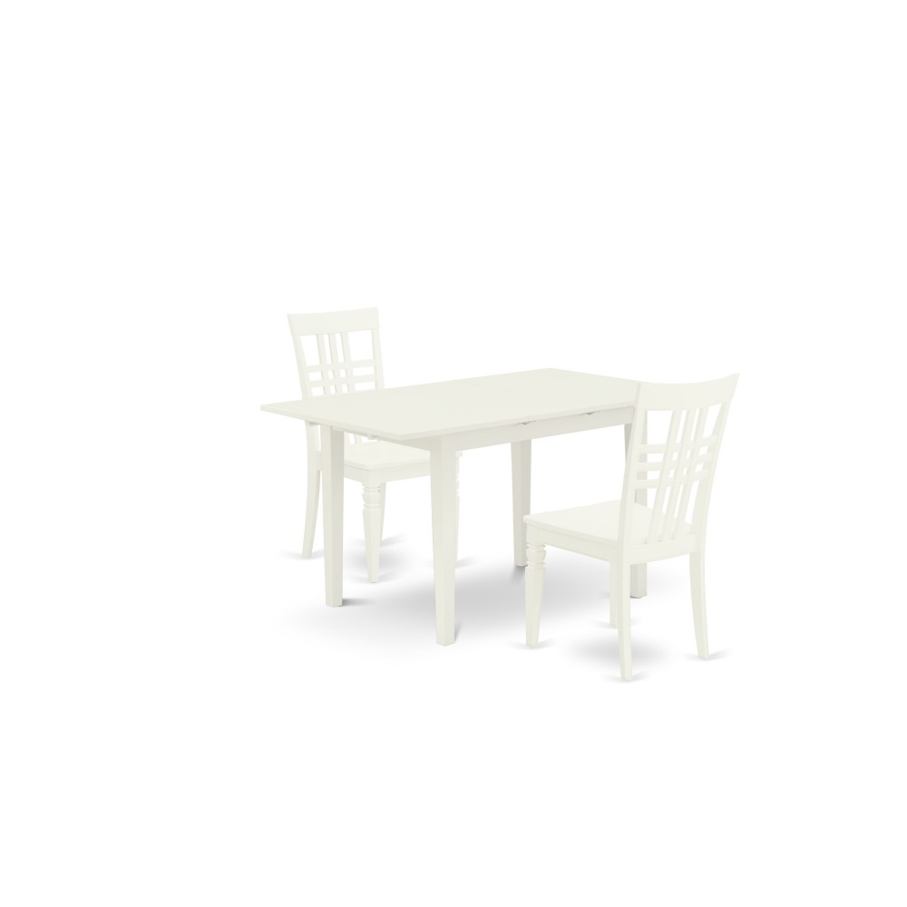 3Pc Kitchen Dining Set 2 Chairs, Slatted Back, Butterfly Leaf Seat, Table, Linen White