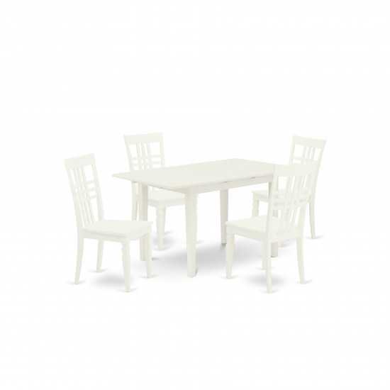 5Pc Wood Dining Set 4 Chairs, Slatted Back, Butterfly Leaf Seat, Table, Linen White