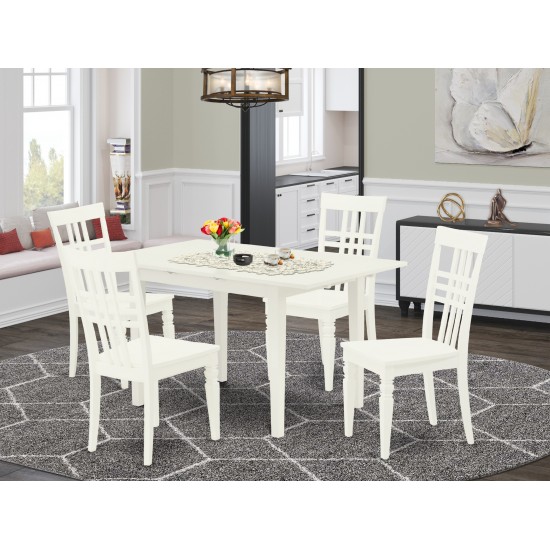 5Pc Wood Dining Set 4 Chairs, Slatted Back, Butterfly Leaf Seat, Table, Linen White