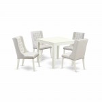 5Pc Dining Set, 1 Table, 4 Light Grey Parson Chairs, Button Tufted Back, Linen White Finish