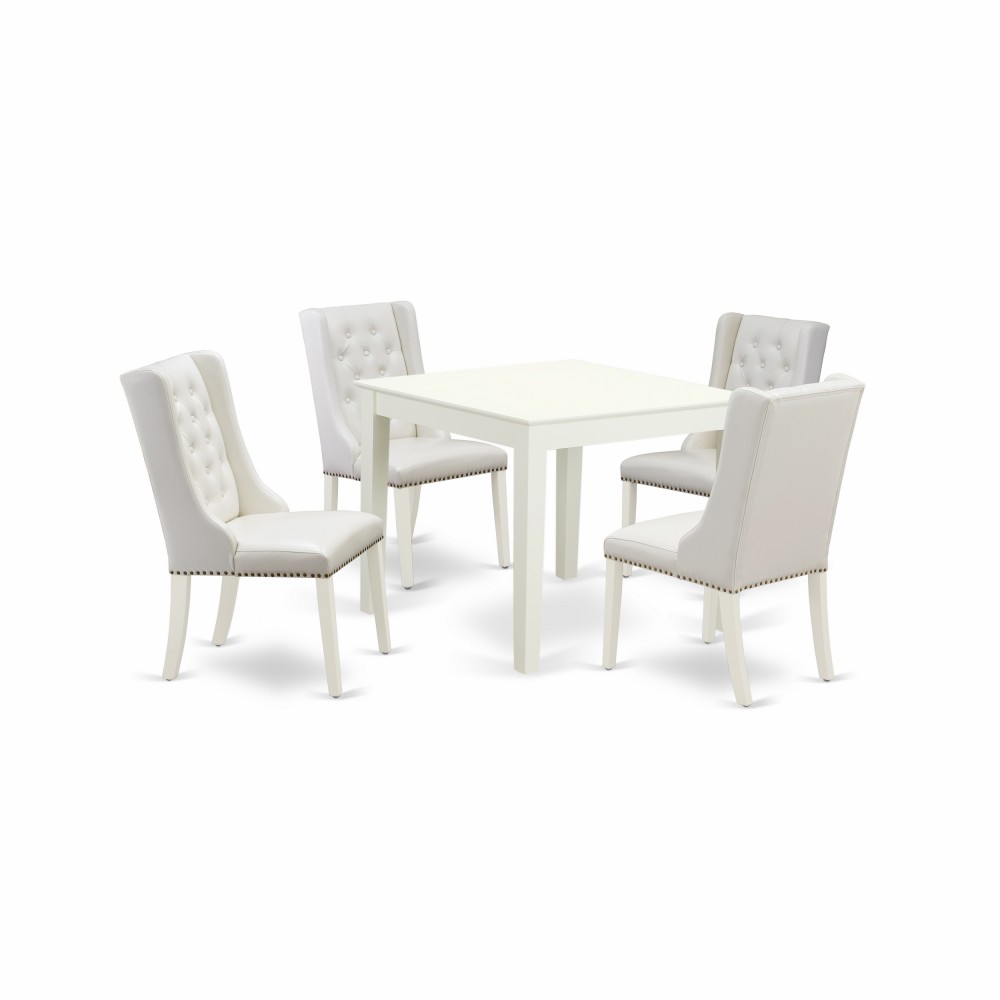 5Pc Dining Set, 1 Table, 4 Light Grey Parson Chairs, Button Tufted Back, Linen White Finish