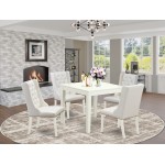 5Pc Dining Set, 1 Table, 4 Light Grey Parson Chairs, Button Tufted Back, Linen White Finish