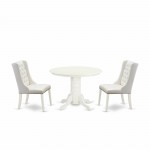 3Pc Kitchen Set, 1 Pedestal Dining Table, 2 Light Grey Dining Chairs, Button Tufted Back, Linen White Finish