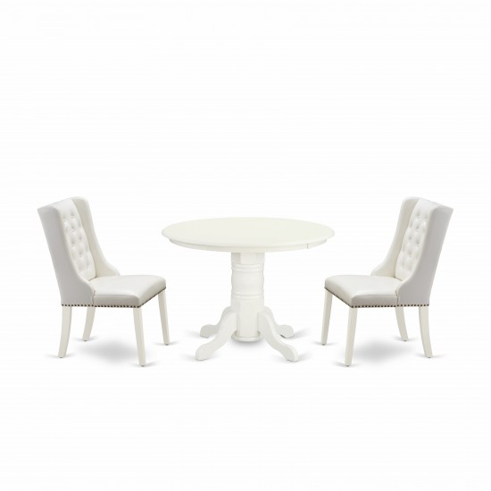 3Pc Kitchen Set, 1 Pedestal Dining Table, 2 Light Grey Dining Chairs, Button Tufted Back, Linen White Finish