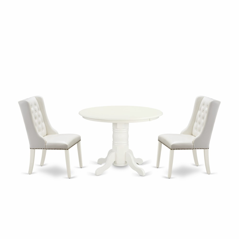 3Pc Kitchen Set, 1 Pedestal Dining Table, 2 Light Grey Dining Chairs, Button Tufted Back, Linen White Finish