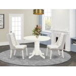 3Pc Kitchen Set, 1 Pedestal Dining Table, 2 Light Grey Dining Chairs, Button Tufted Back, Linen White Finish