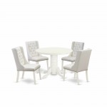 5Pc Dinette Set, 1 Pedestal Wooden Dining Table, 4 Light Grey Parsons Dining Chairs, Back, Linen White Finish