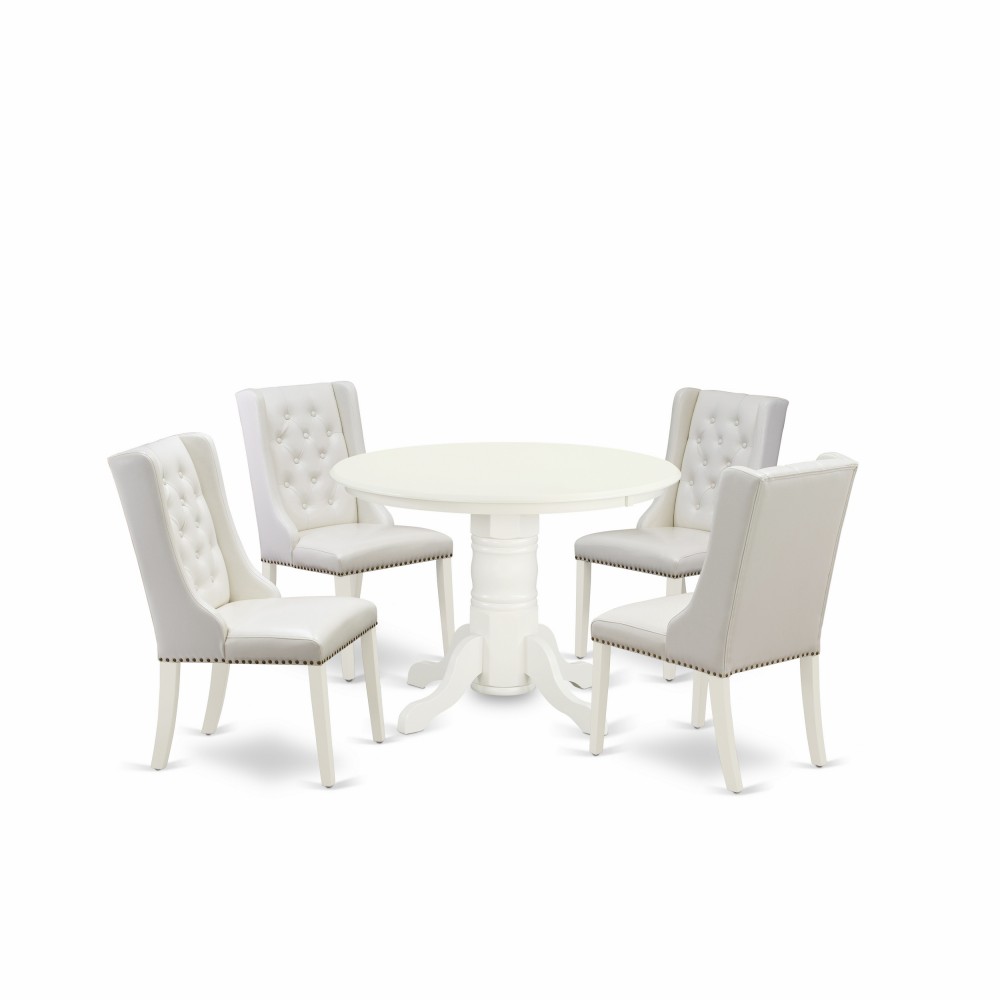 5Pc Dinette Set, 1 Pedestal Wooden Dining Table, 4 Light Grey Parsons Dining Chairs, Back, Linen White Finish