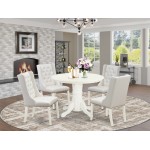 5Pc Dinette Set, 1 Pedestal Wooden Dining Table, 4 Light Grey Parsons Dining Chairs, Back, Linen White Finish