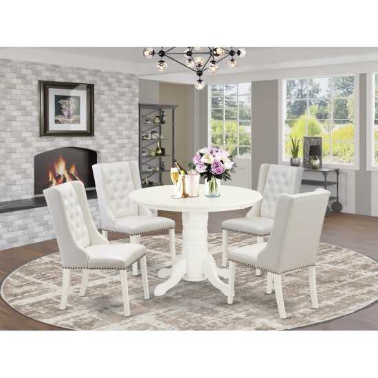 5Pc Dinette Set, 1 Pedestal Wooden Dining Table, 4 Light Grey Parsons Dining Chairs, Back, Linen White Finish